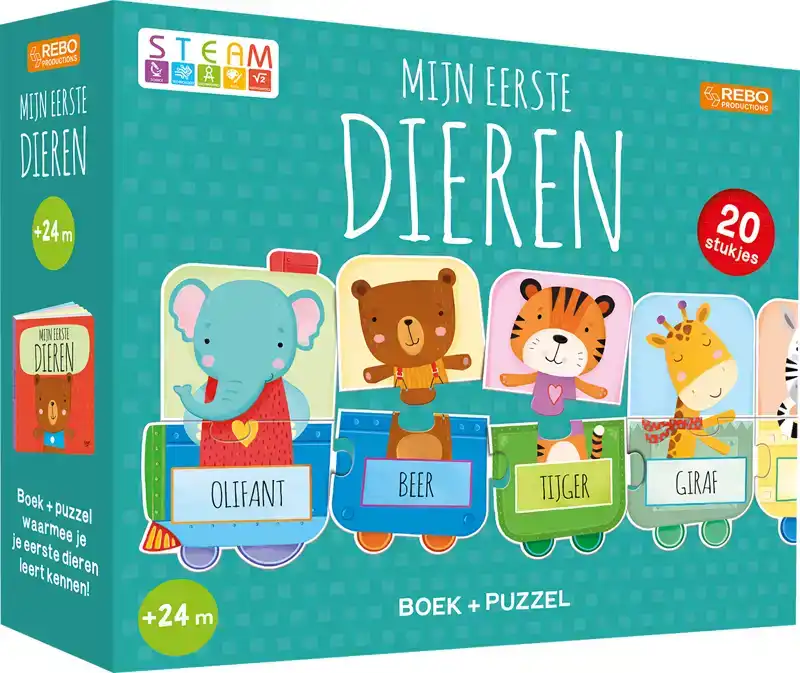 PUZZELTREIN 20 STUKJES EN BOEK - MIJN EERSTE DIEREN