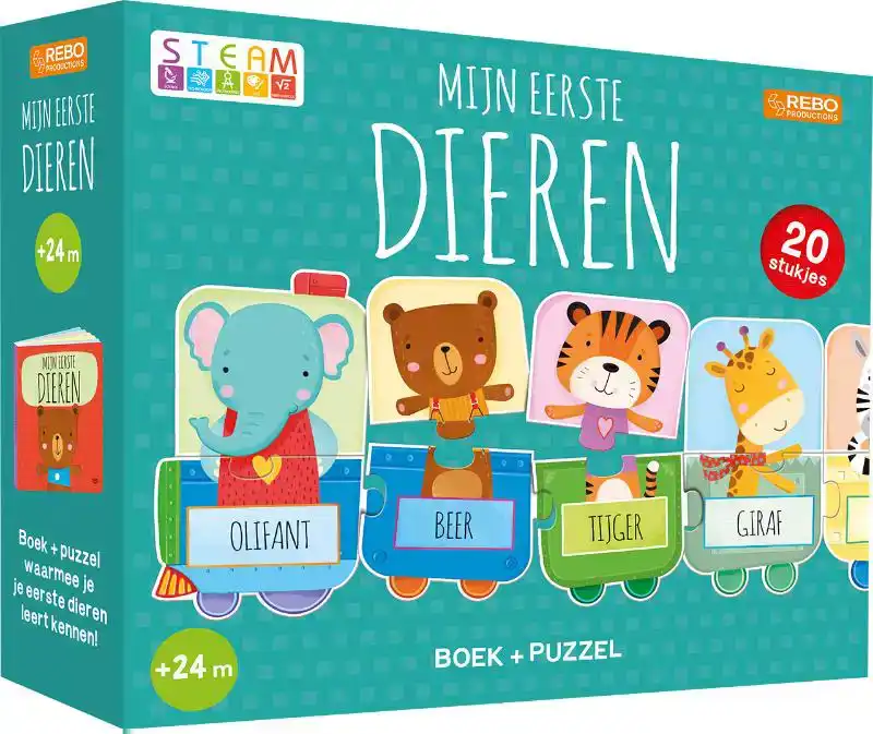 PUZZELTREIN 20 STUKJES EN BOEK - MIJN EERSTE DIEREN