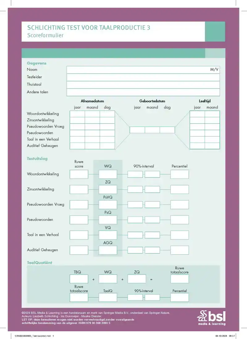 SCHLICHTING TEST VOOR TAALPRODUCTIE 3 - SCOREFORMULIEREN