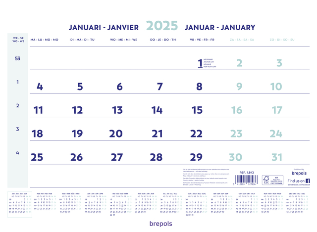 1-MAANDSKALENDER 2025 BREPOLS 43X31.5CM