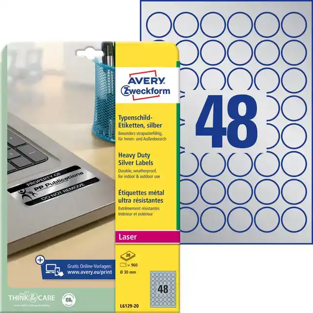 ETIKET AVERY L6129-20 ROND 30MM ZILVER
