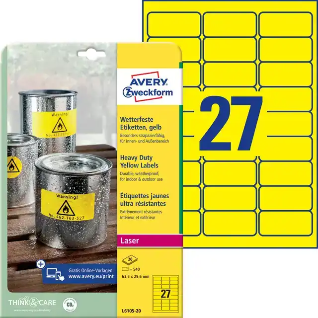 ETIKET AVERY L6105-20 63.5X29.6MM GEEL