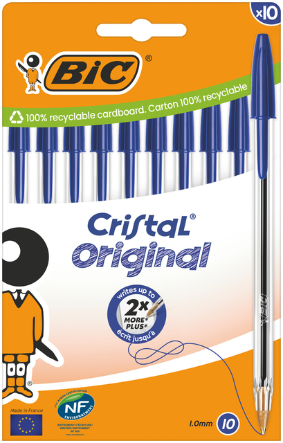 BALPEN BIC CRISTAL M 10ST BLAUW