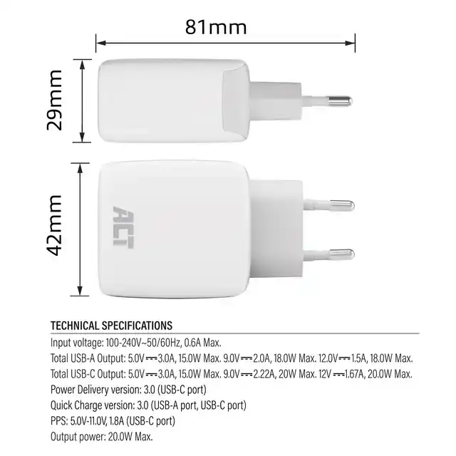 20W LADER 2-POORTS USB A+C PPS