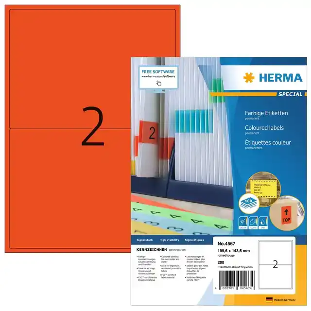 ETIKET HERMA 4567 199.5X143.5MM ROOD