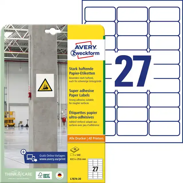 ETIKET AVERY L7874-20 63.5X29.6MM 540ST