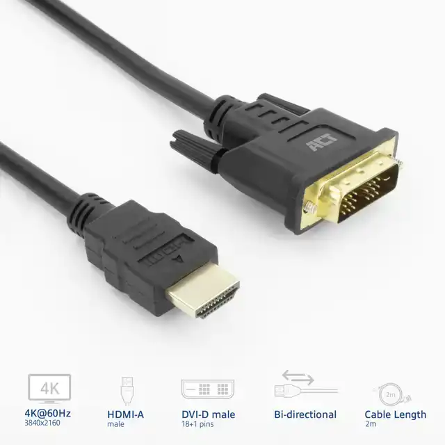 KABEL ACT HDMI DVI 18+1 PIN M/M ZWART 2