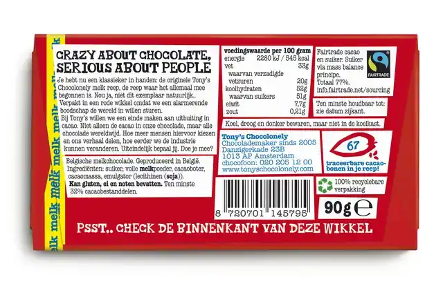 CHOCOLADE TONY CHOCOLONELY MELK 90 GRAM