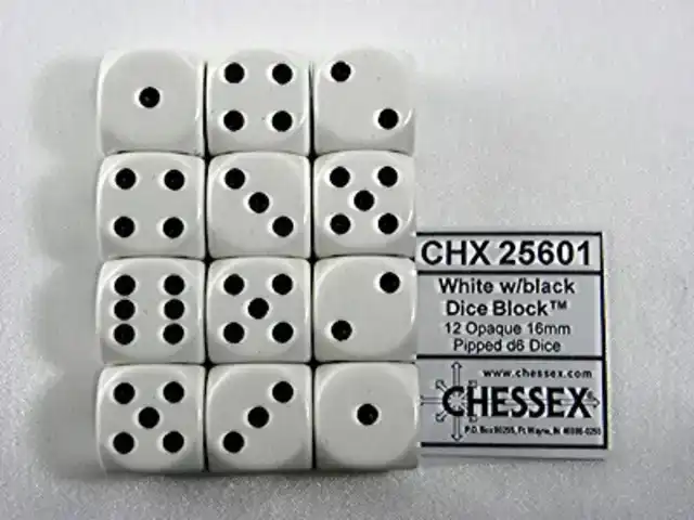 DOBBELSTEEN CHESSEX WHITE/BLACK D6 SET CHESSEX