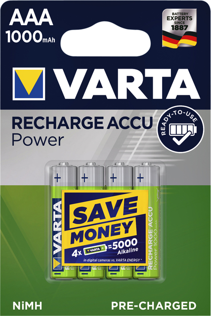 BATTERIJ OPLAADB VARTA AAA HR3 1000MAH