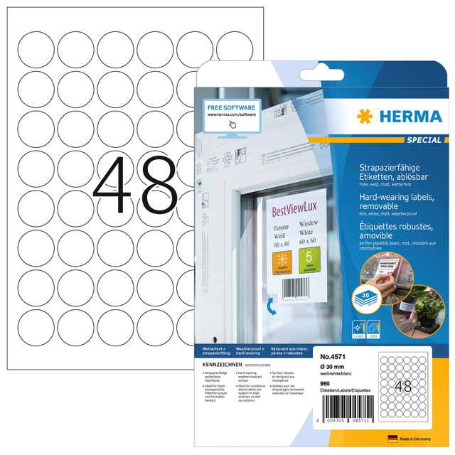 ETIKET HERMA 4571 30MM ROND FOLIE WIT