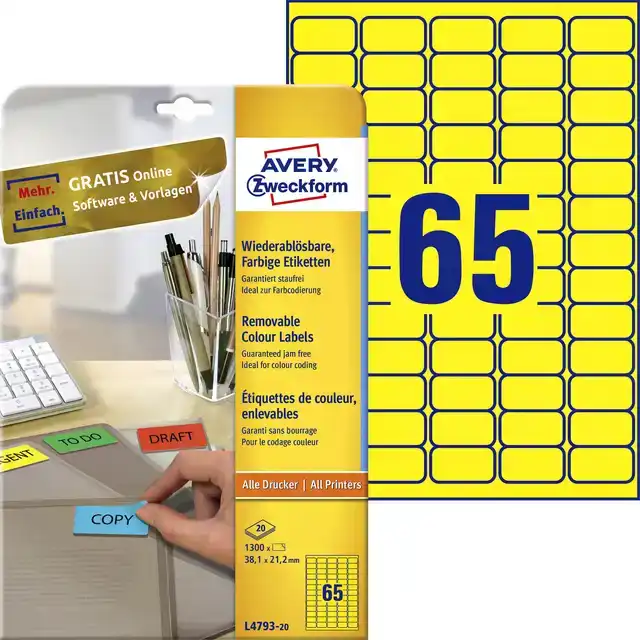 ETIKET AVERY L4793-20 38.1X21.2MM GEEL