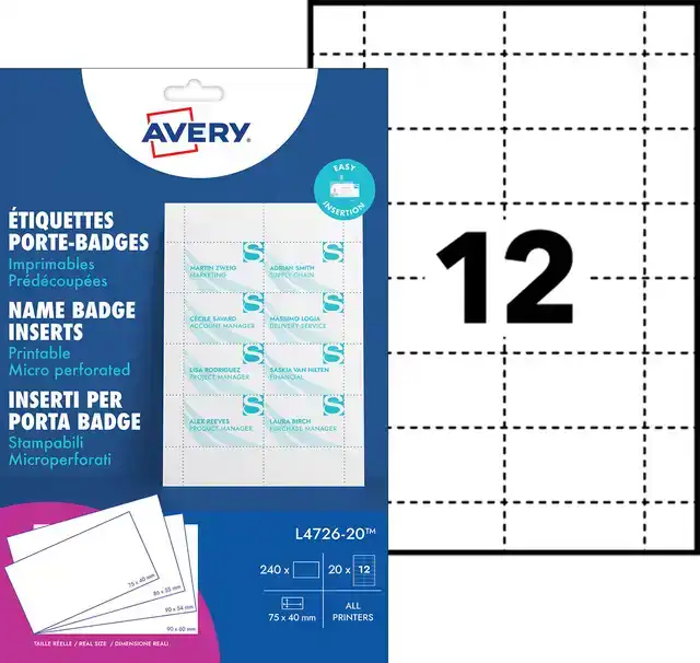 BADGEKAART AVERY L4726-20 40X75MM 240ST