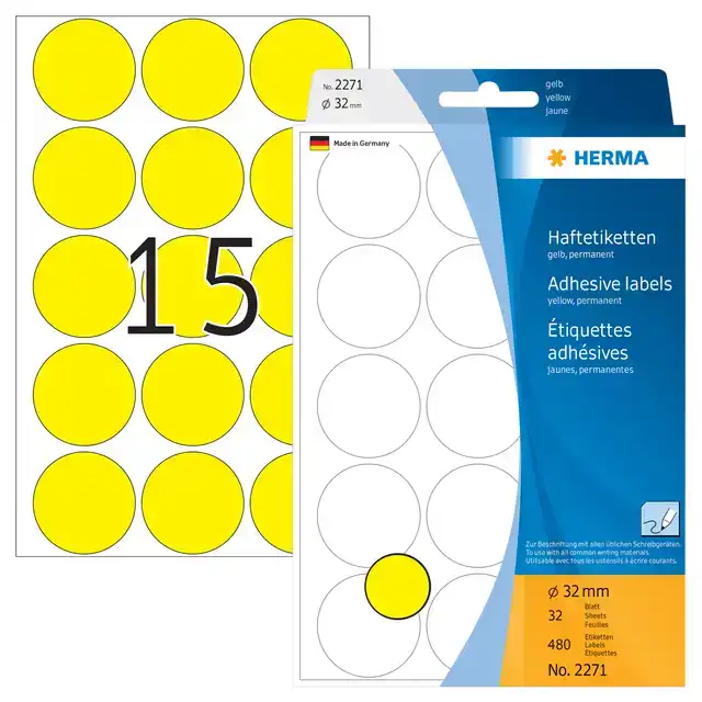 ETIKET HERMA 2271 ROND 32MM GEEL