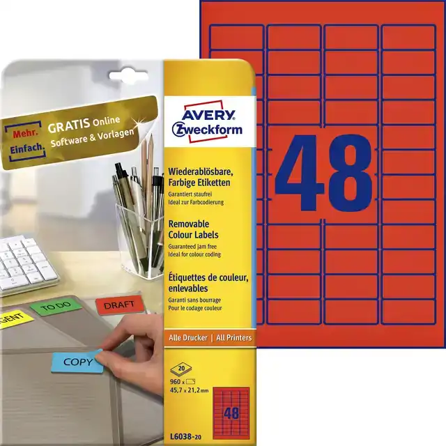 ETIKET AVERY L6038-20 45.7X21.2MM ROOD