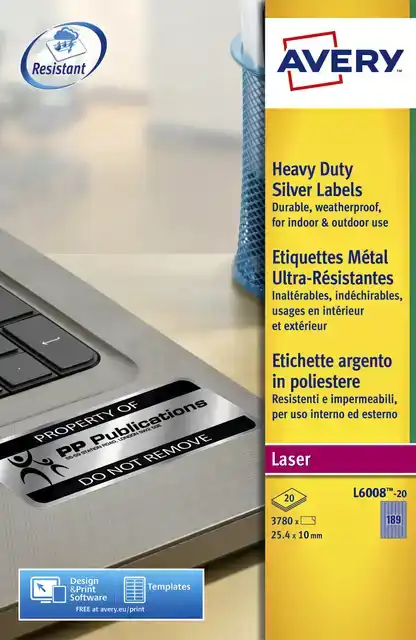 ETIKET AVERY L6008-20 25.4X10MM ZILVER