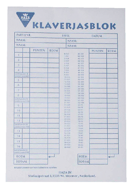 SCOREBLOK KLAVERJASSEN 50VEL